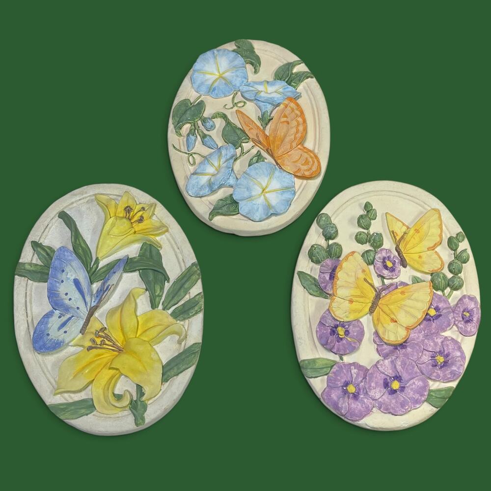 Vintage 3 Pc Chalkware Butterfly Floral Wall Plaques 3D Flowers Cottage Decor